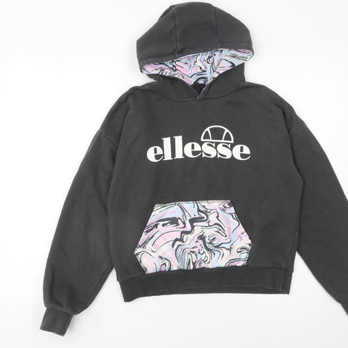 Ellesse Girls Black Hoodie 12-13 Years Pullover Marbled Pocket Cotton Blend