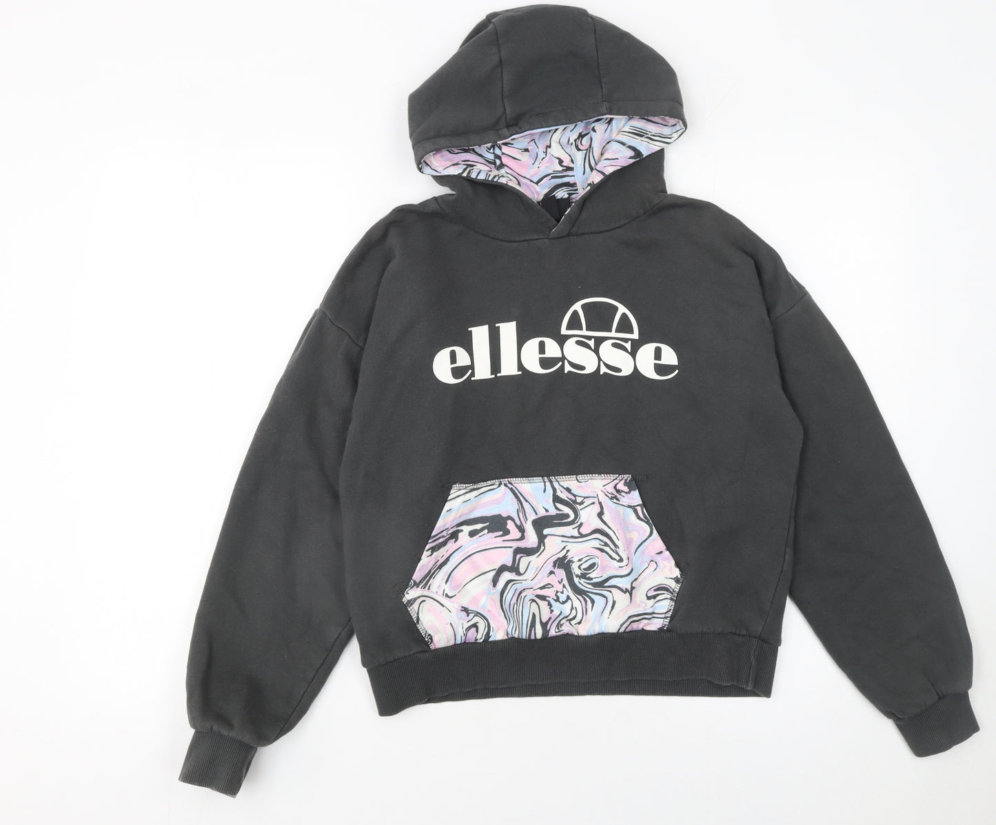Ellesse Girls Black Hoodie 12-13 Years Pullover Marbled Pocket Cotton Blend
