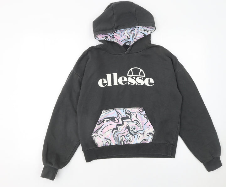 Ellesse Girls Black Hoodie 12-13 Years Pullover Marbled Pocket Cotton Blend