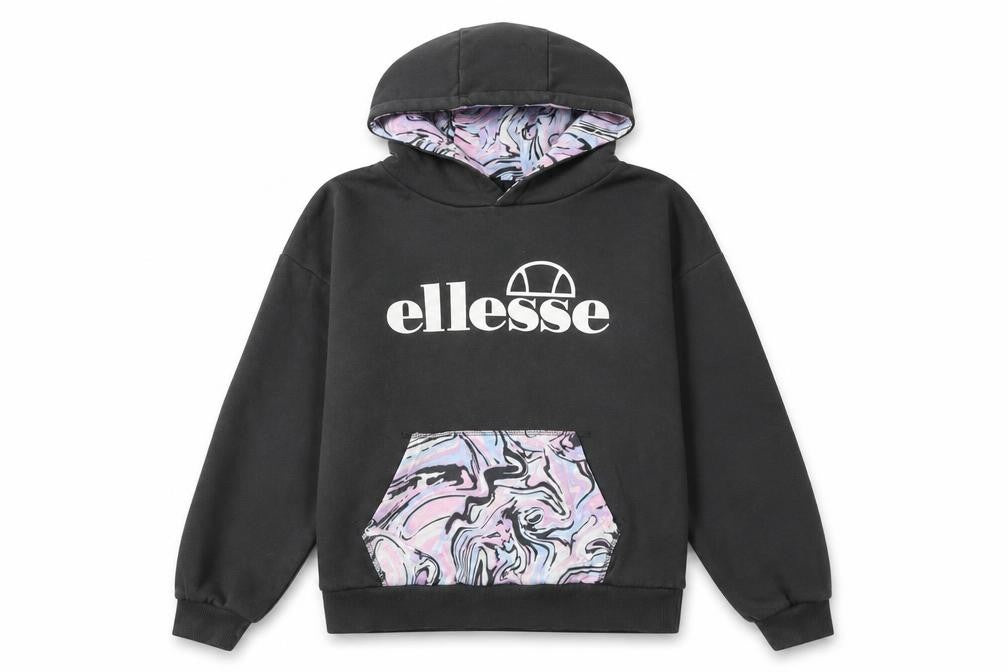Ellesse Girls Black Hoodie 12-13 Years Pullover Marbled Pocket Cotton Blend