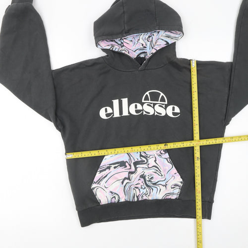 Ellesse Girls Black Hoodie 12-13 Years Pullover Marbled Pocket Cotton Blend