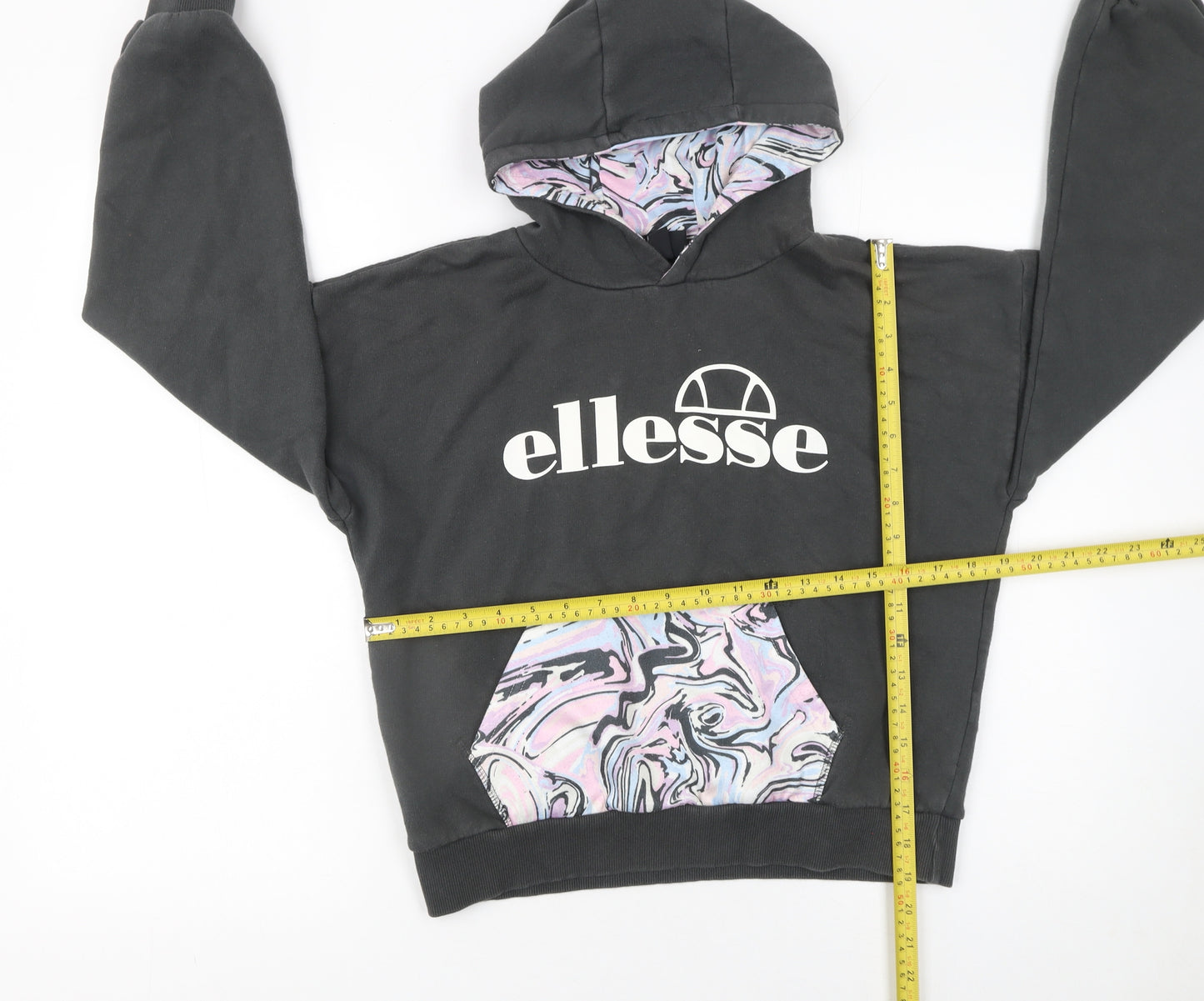 Ellesse Girls Black Hoodie 12-13 Years Pullover Marbled Pocket Cotton Blend
