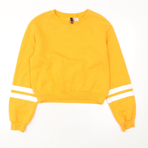 H&M Womens Yellow Cotton Blend Sweatshirt XS Crew Neck Striped Sleeves