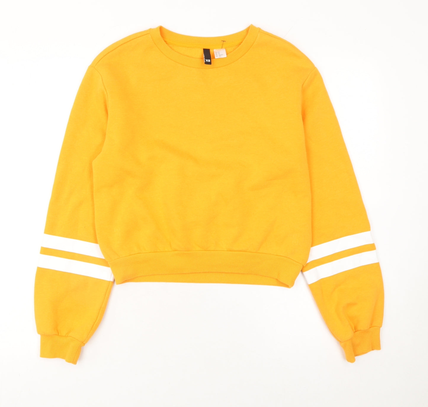 H&M Womens Yellow Cotton Blend Sweatshirt XS Crew Neck Striped Sleeves
