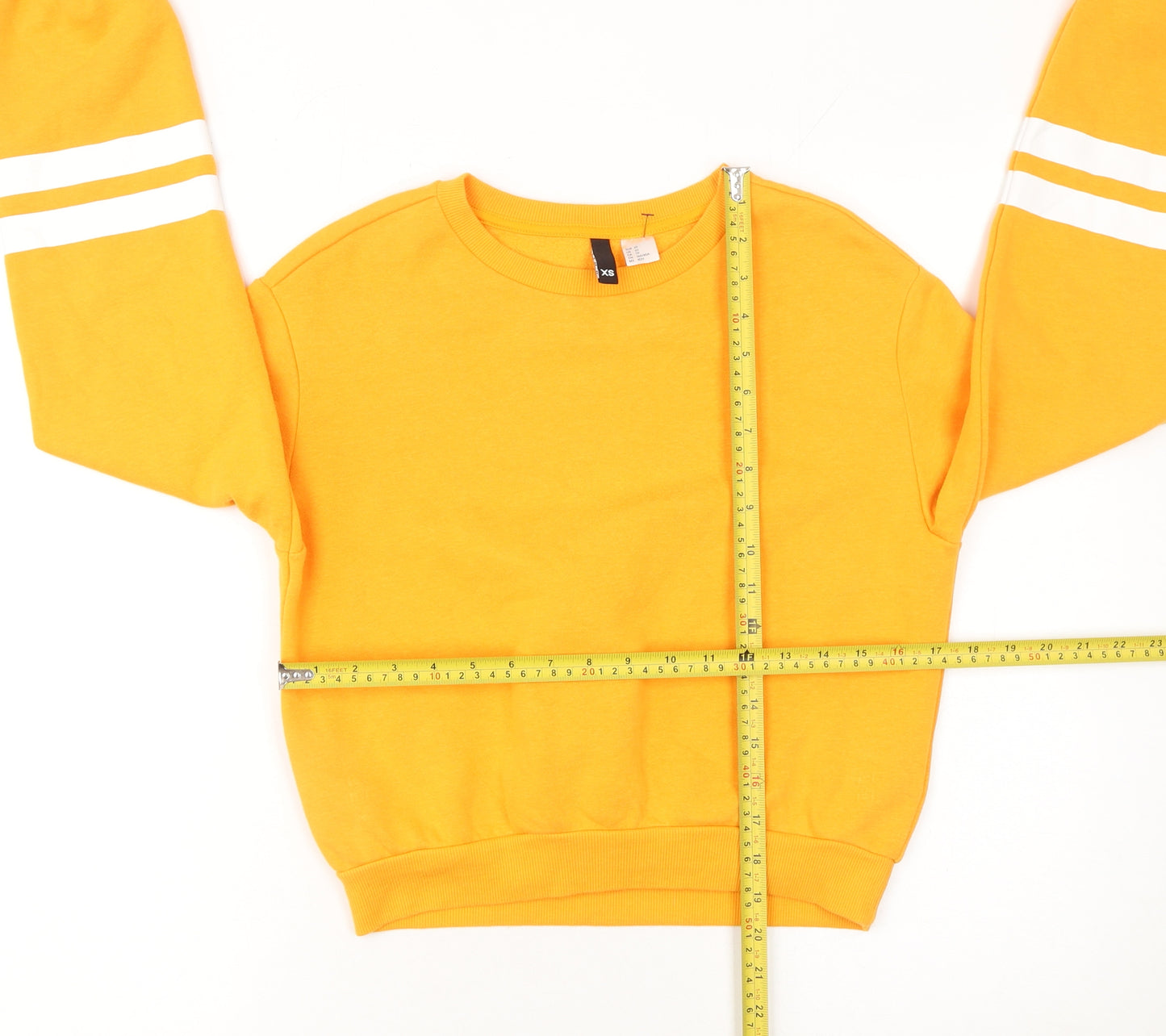 H&M Womens Yellow Cotton Blend Sweatshirt XS Crew Neck Striped Sleeves
