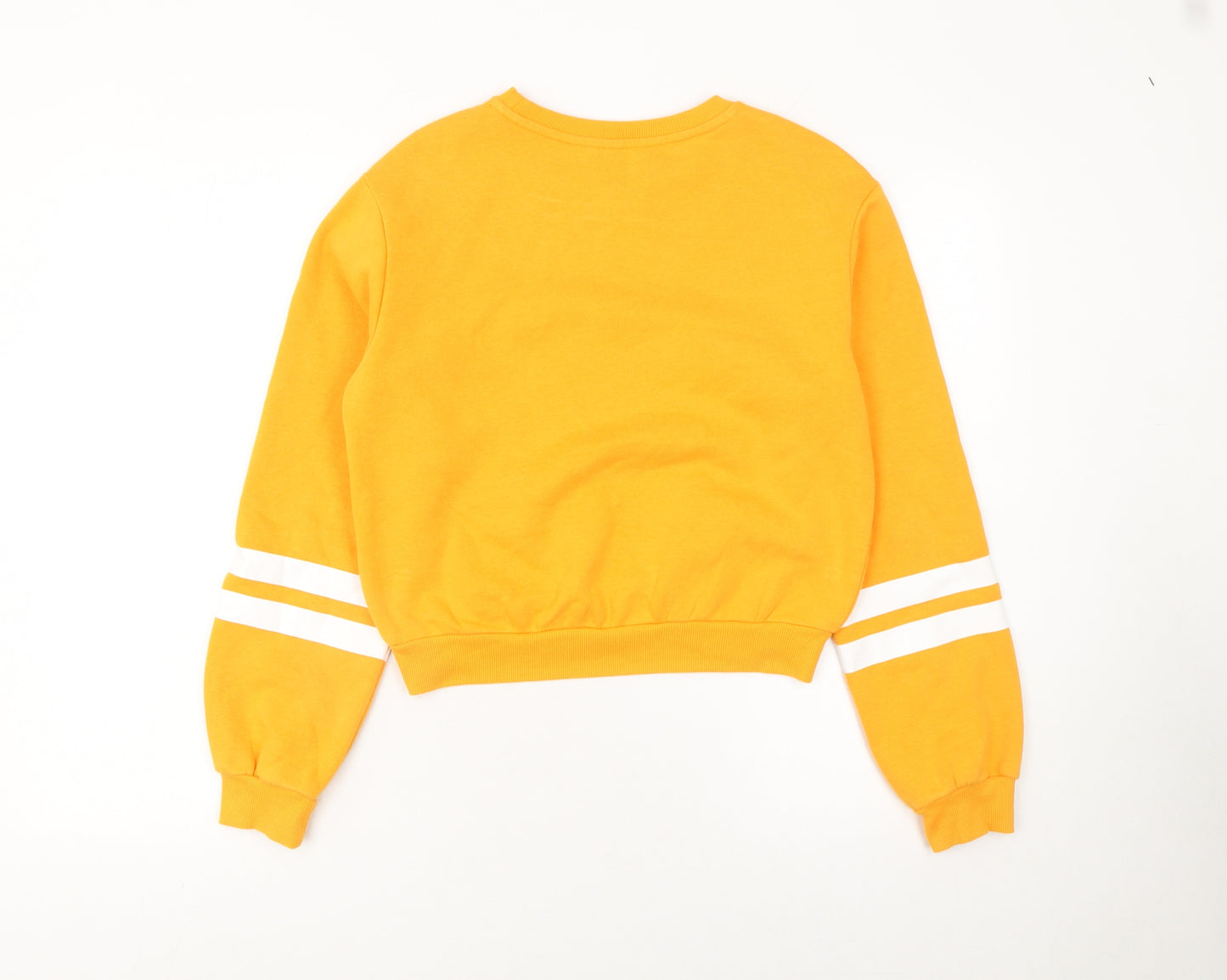 H&M Womens Yellow Cotton Blend Sweatshirt XS Crew Neck Striped Sleeves