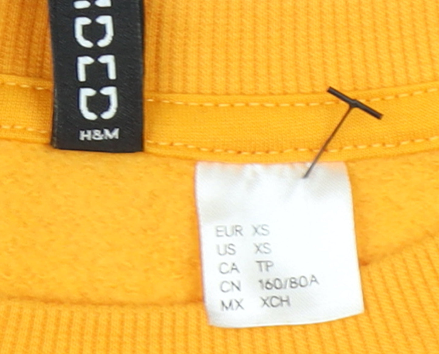 H&M Womens Yellow Cotton Blend Sweatshirt XS Crew Neck Striped Sleeves