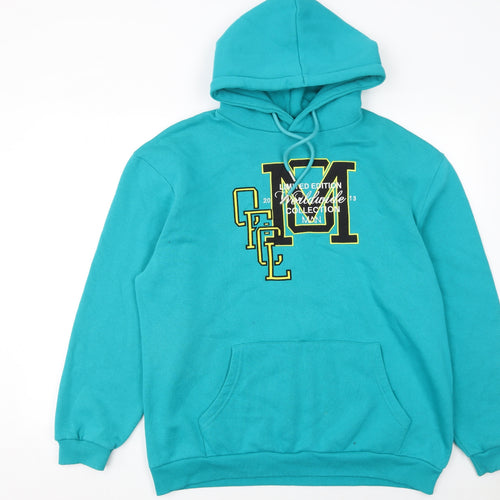 boohooMAN Men's Blue Pullover Hoodie S Embroidered Graphic Cotton Blend