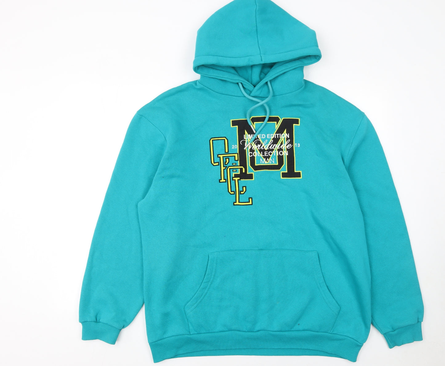 boohooMAN Men's Blue Pullover Hoodie S Embroidered Graphic Cotton Blend