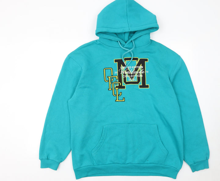 boohooMAN Men's Blue Pullover Hoodie S Embroidered Graphic Cotton Blend