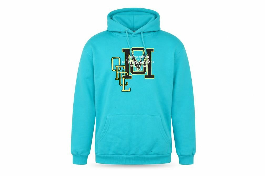 Front view of boohooMAN Men's Blue Pullover Hoodie S Embroidered Graphic Cotton Blend