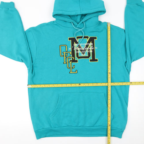 boohooMAN Men's Blue Pullover Hoodie S Embroidered Graphic Cotton Blend