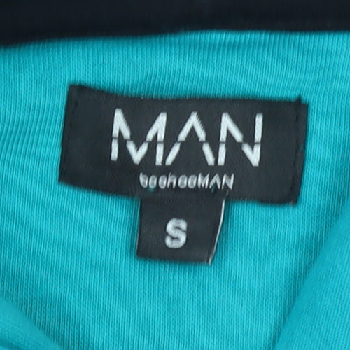 boohooMAN Men's Blue Pullover Hoodie S Embroidered Graphic Cotton Blend