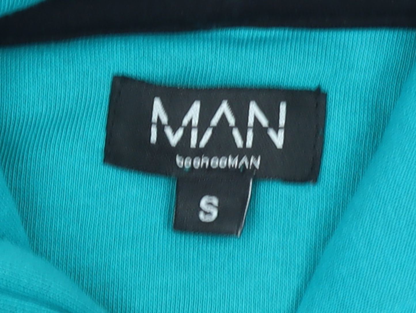 boohooMAN Men's Blue Pullover Hoodie S Embroidered Graphic Cotton Blend