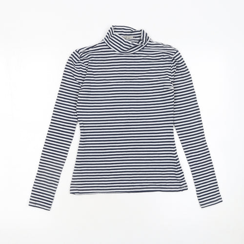 Marks and Spencer Women Blue Striped Roll Neck Long Sleeve Cotton Top Size 6