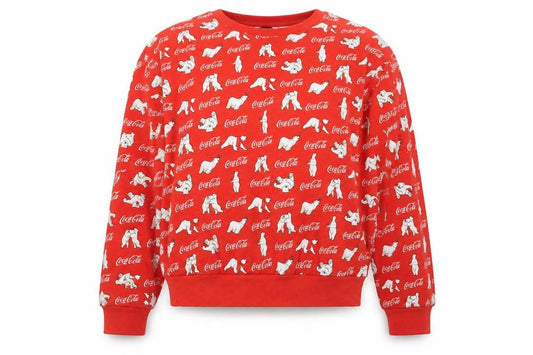 Front view of H&M Women Red Coca-Cola Polar Bear Pullover Sweatshirt, size S
