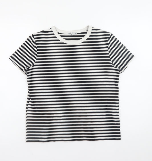 Zara Women Black White Striped Ringer Crew Neck Cotton T-Shirt Size 12