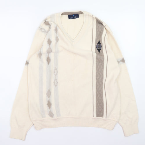 Pierre Sangan Men's Beige Wool Blend Argyle V-Neck Jumper Size M