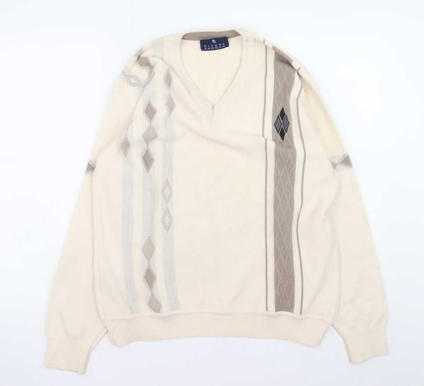 Pierre Sangan Men's Beige Wool Blend Argyle V-Neck Jumper Size M