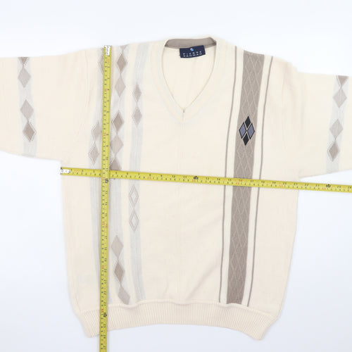 Pierre Sangan Men's Beige Wool Blend Argyle V-Neck Jumper Size M