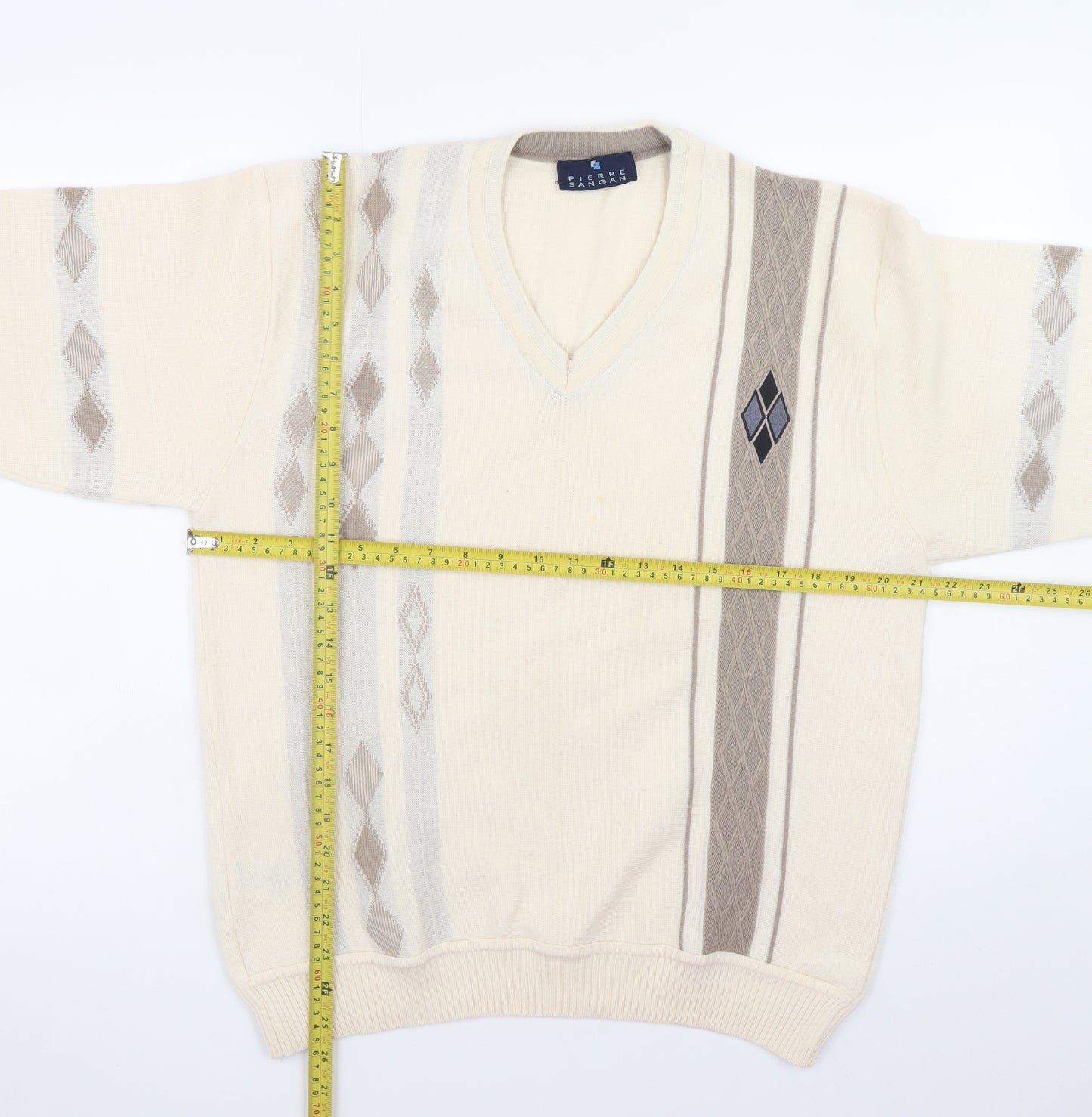 Pierre Sangan Men's Beige Wool Blend Argyle V-Neck Jumper Size M