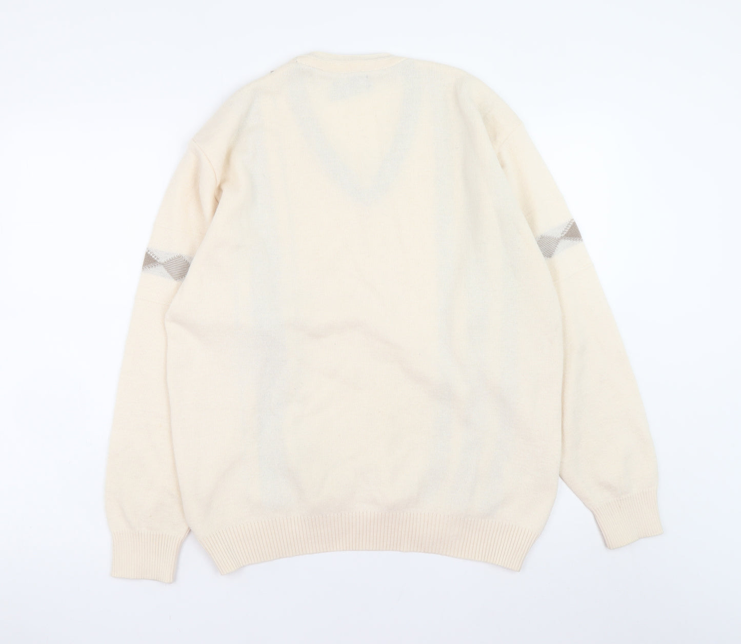 Pierre Sangan Men's Beige Wool Blend Argyle V-Neck Jumper Size M