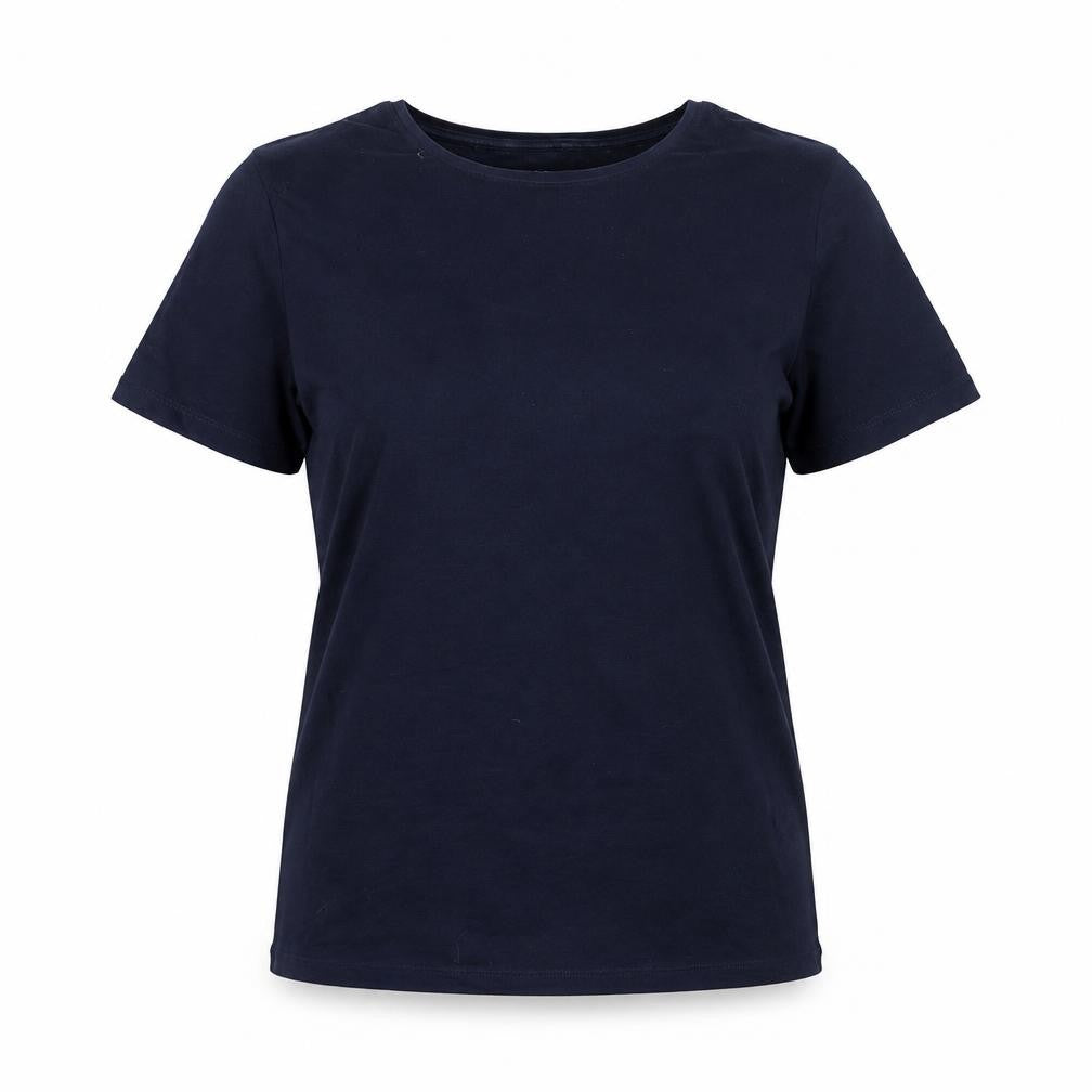 Front view of Dunnes women’s blue cotton stretch basic t-shirt, size UK 14