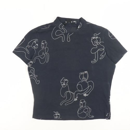 Monki Women Blue Art Print Mock Neck Short Sleeve Cotton T-Shirt S