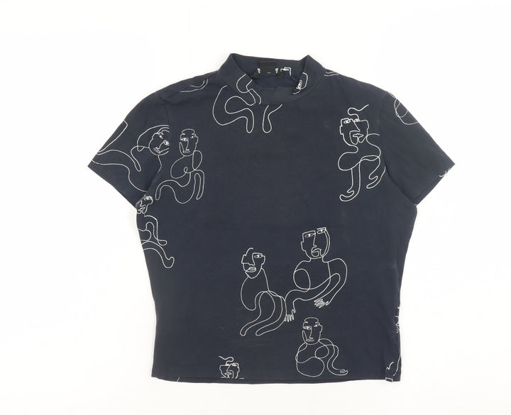 Monki Women Blue Art Print Mock Neck Short Sleeve Cotton T-Shirt S