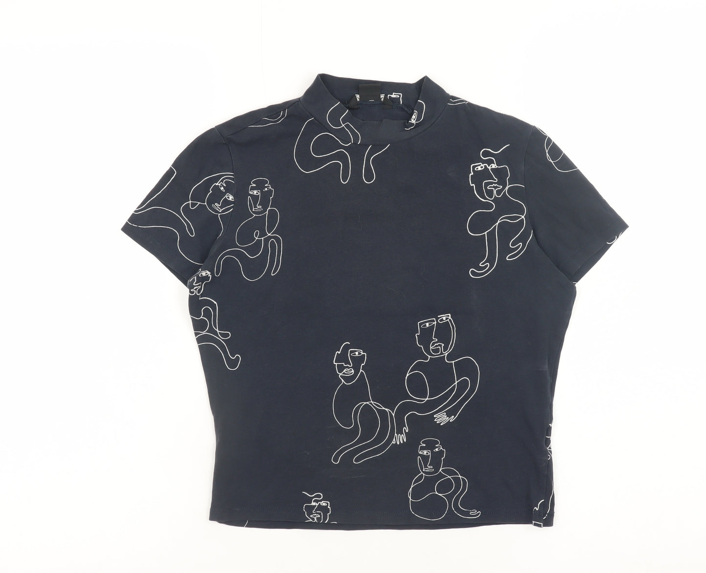 Monki Women Blue Art Print Mock Neck Short Sleeve Cotton T-Shirt S