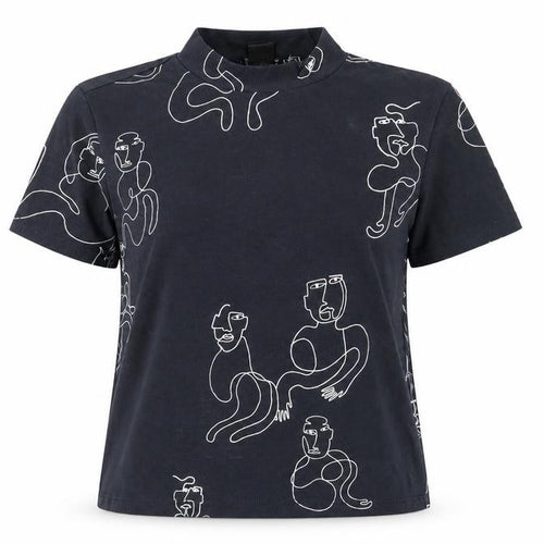 Monki Women Blue Art Print Mock Neck Short Sleeve Cotton T-Shirt S