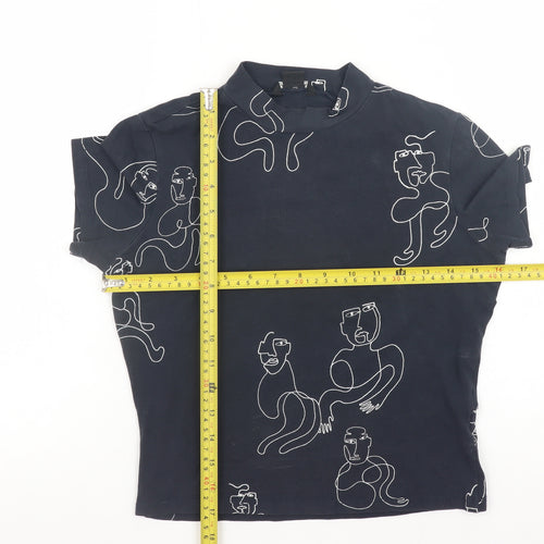 Monki Women Blue Art Print Mock Neck Short Sleeve Cotton T-Shirt S