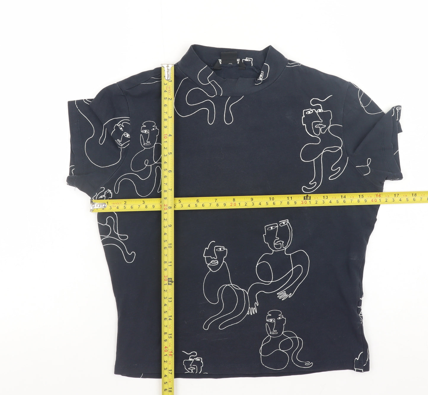 Monki Women Blue Art Print Mock Neck Short Sleeve Cotton T-Shirt S