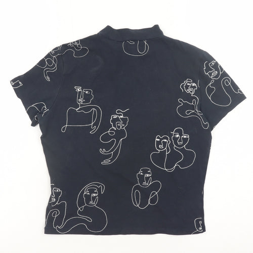 Monki Women Blue Art Print Mock Neck Short Sleeve Cotton T-Shirt S