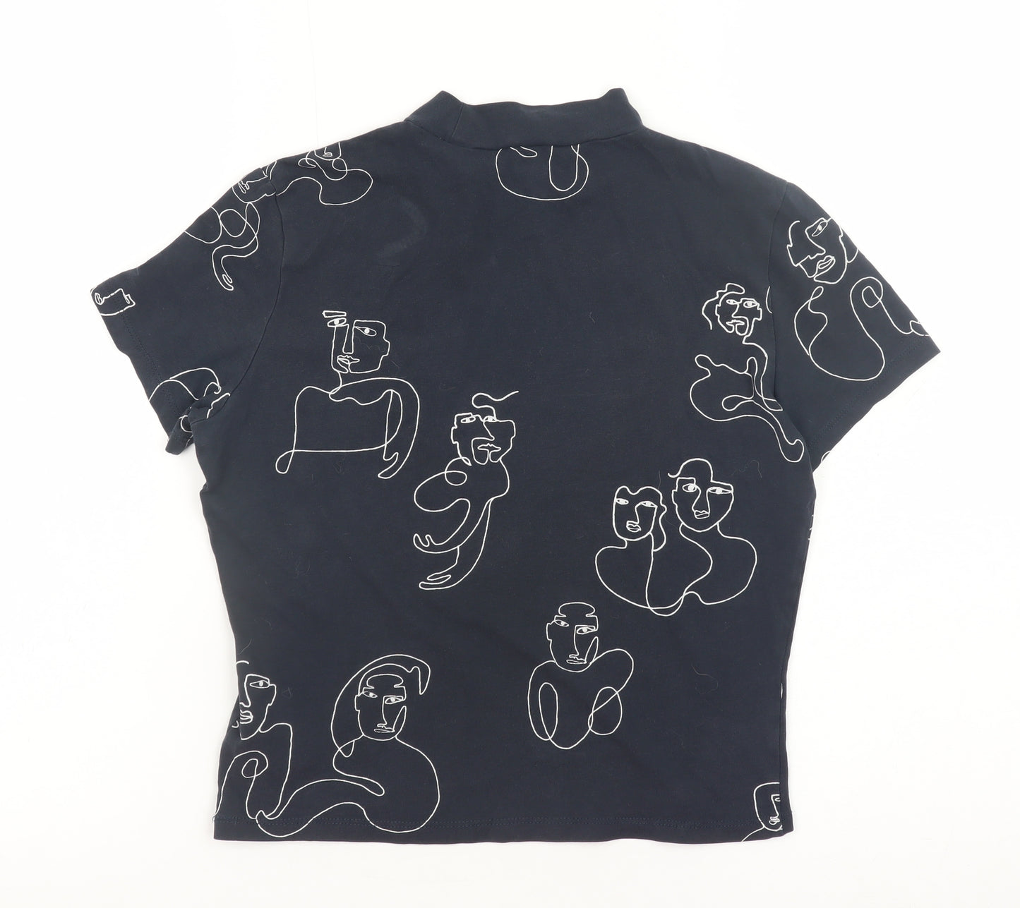 Monki Women Blue Art Print Mock Neck Short Sleeve Cotton T-Shirt S