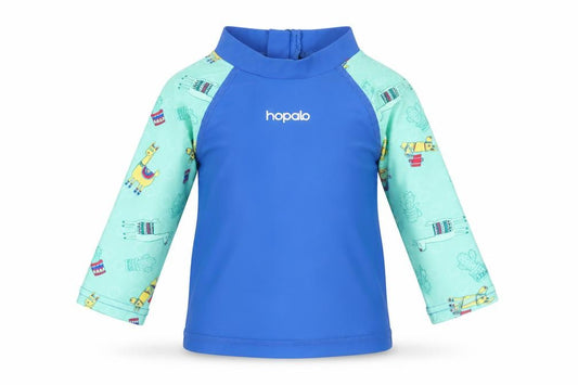 Front view of Hopalo unisex baby blue rash guard swim shirt 0-3 months nylon elastane