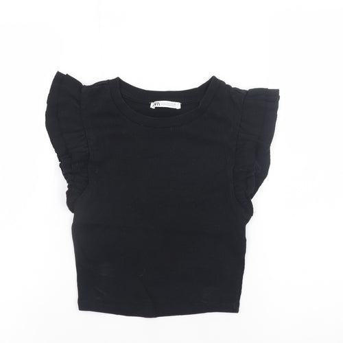 ZARA Women Black Cropped Ruffle Sleeve Jersey T-Shirt Size S
