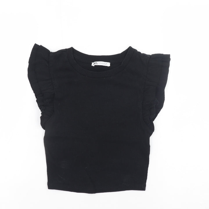 ZARA Women Black Cropped Ruffle Sleeve Jersey T-Shirt Size S