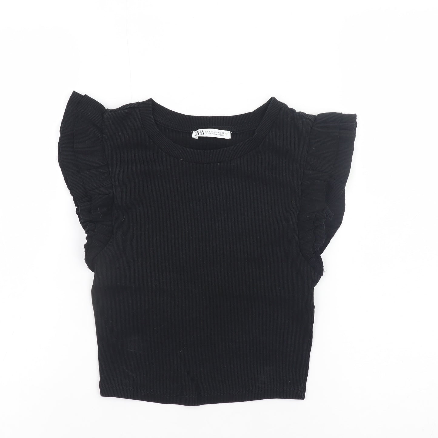ZARA Women Black Cropped Ruffle Sleeve Jersey T-Shirt Size S