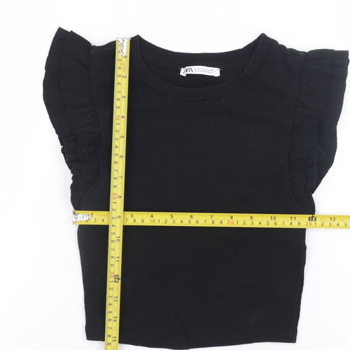 ZARA Women Black Cropped Ruffle Sleeve Jersey T-Shirt Size S