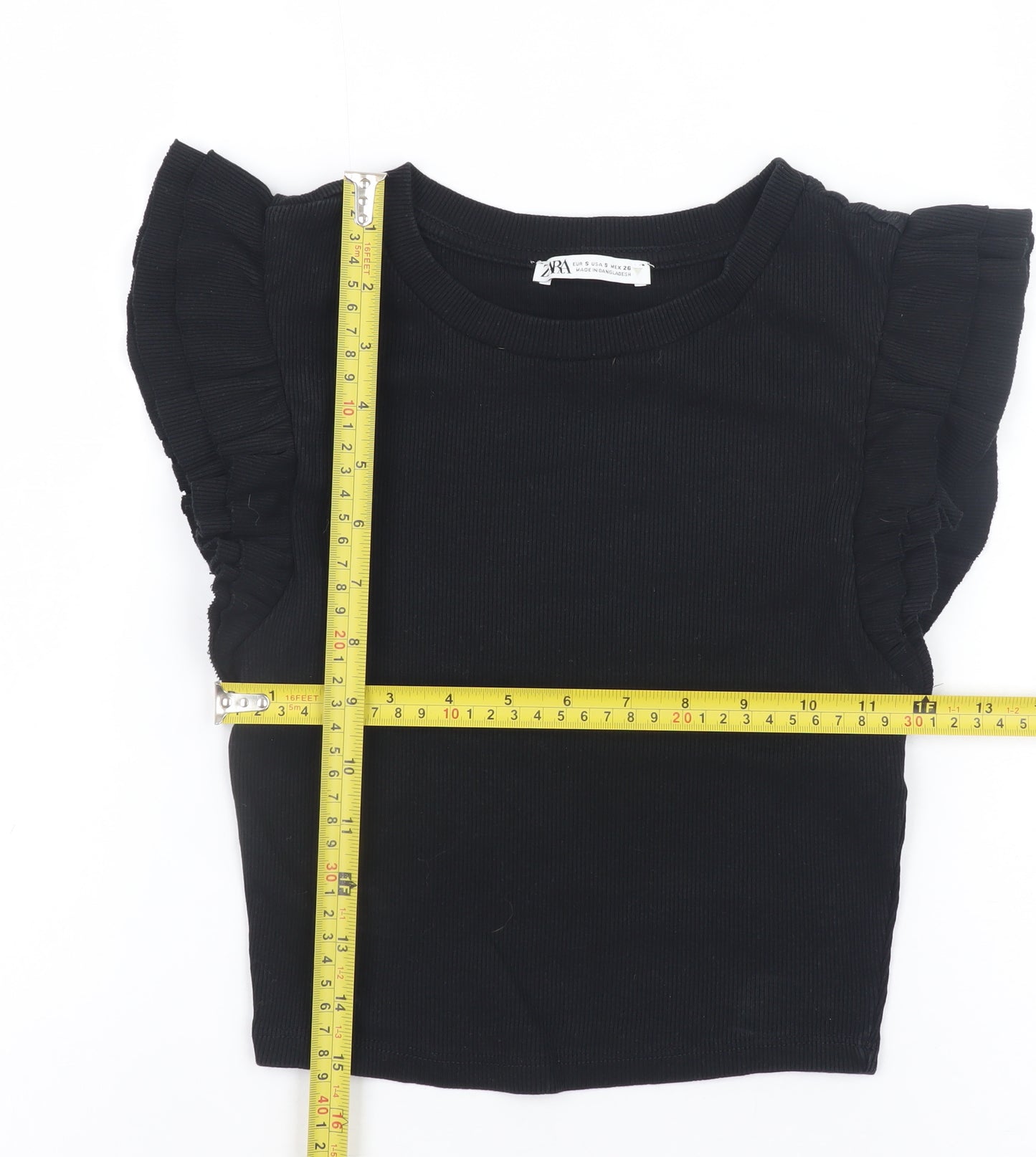 ZARA Women Black Cropped Ruffle Sleeve Jersey T-Shirt Size S