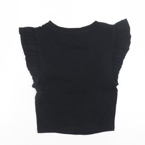 ZARA Women Black Cropped Ruffle Sleeve Jersey T-Shirt Size S