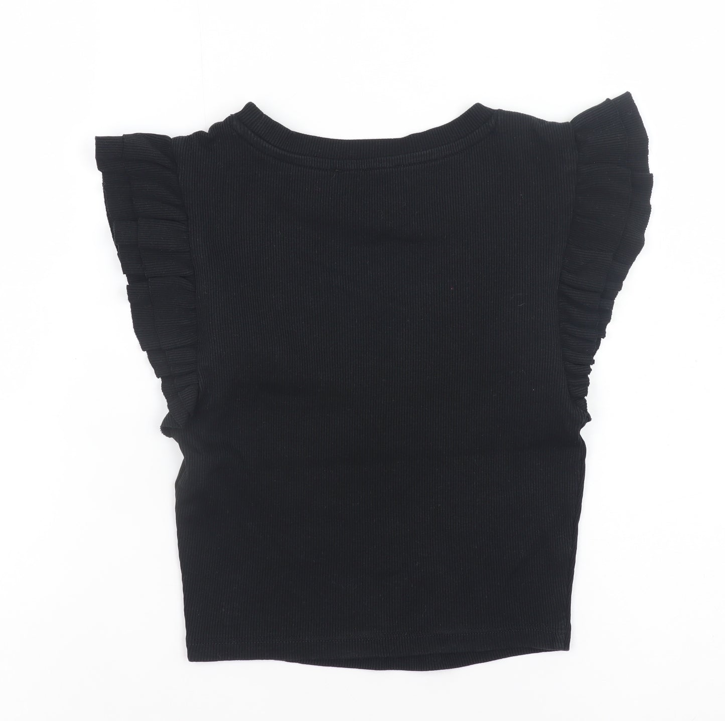ZARA Women Black Cropped Ruffle Sleeve Jersey T-Shirt Size S