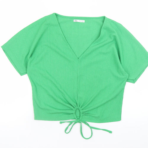 Zara Women Green Cropped V-Neck Drawstring T-Shirt M