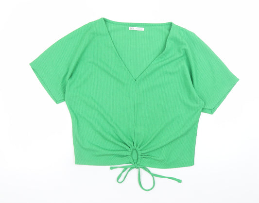 Zara Women Green Cropped V-Neck Drawstring T-Shirt M