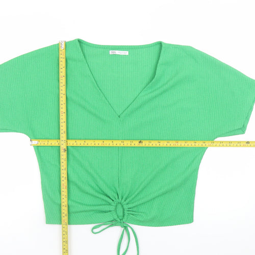 Zara Women Green Cropped V-Neck Drawstring T-Shirt M
