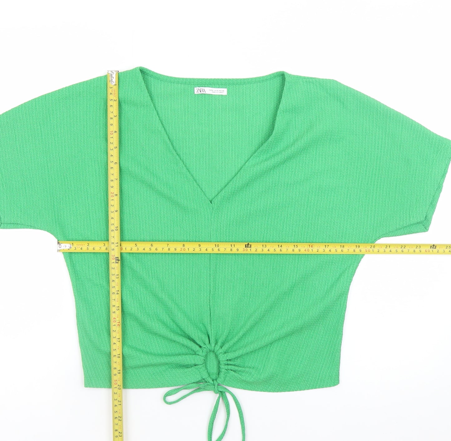 Zara Women Green Cropped V-Neck Drawstring T-Shirt M