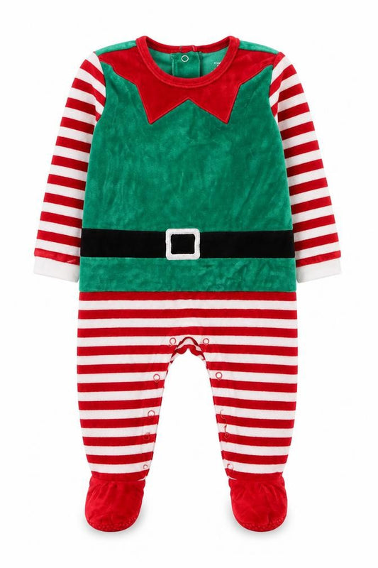 Front view of Primark girls’ green elf christmas velour one piece pyjamas 18 months