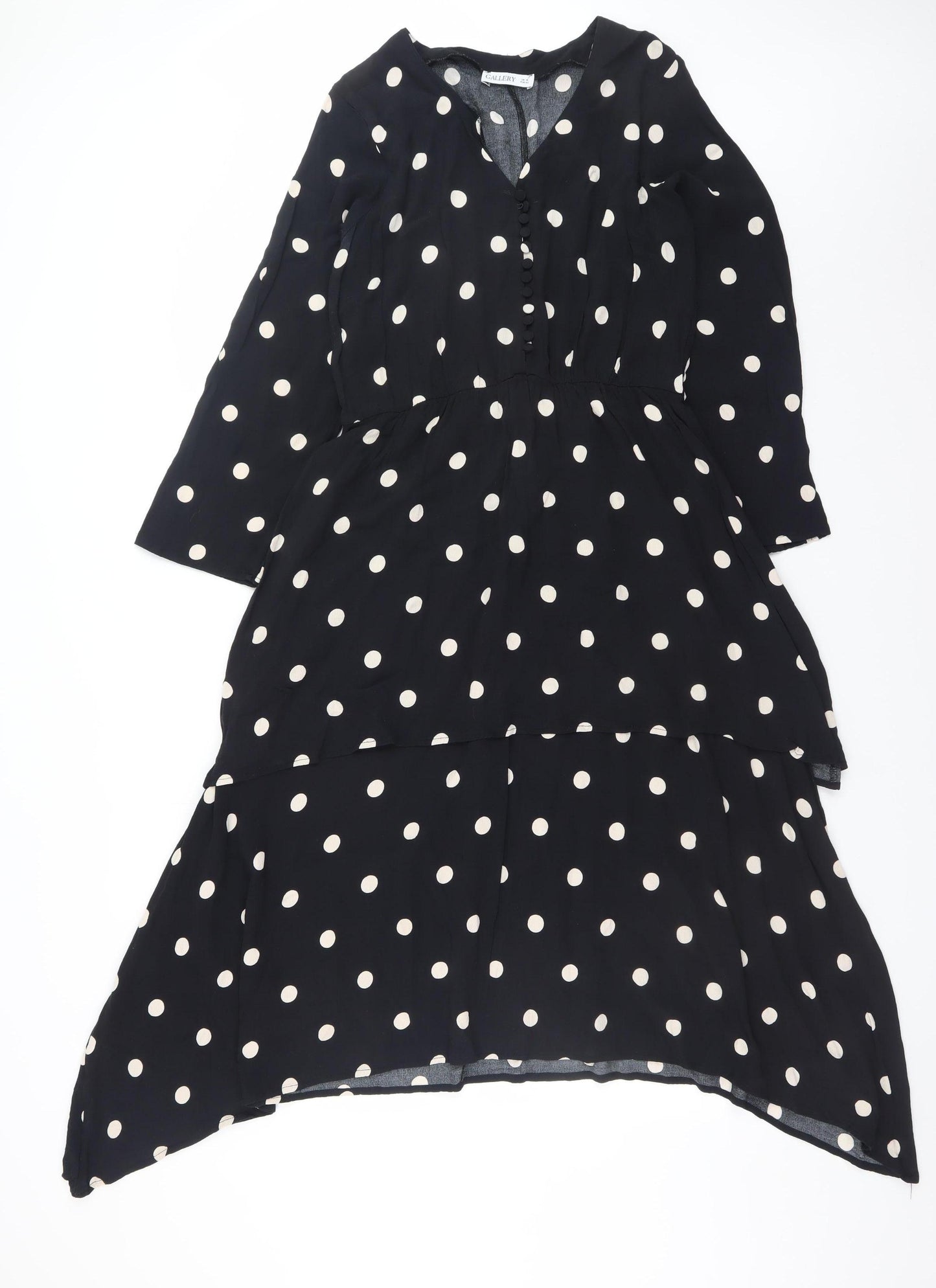 Gallery Womens Black Polka Dot Hi-Low A-Line Viscose Dress UK 14