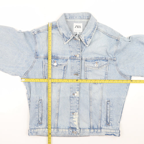 ZARA Women Blue Denim Jacket Size S Distressed Relaxed Fit